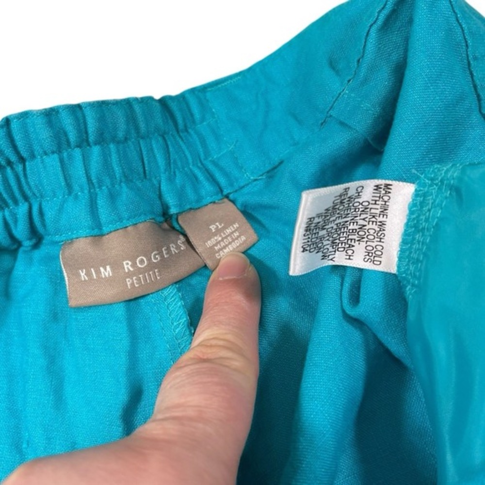 Kim Rogers PL Turquoise Blue Linen Capri Pants Cropped Elastic Waist Casual - Picture 5 of 5